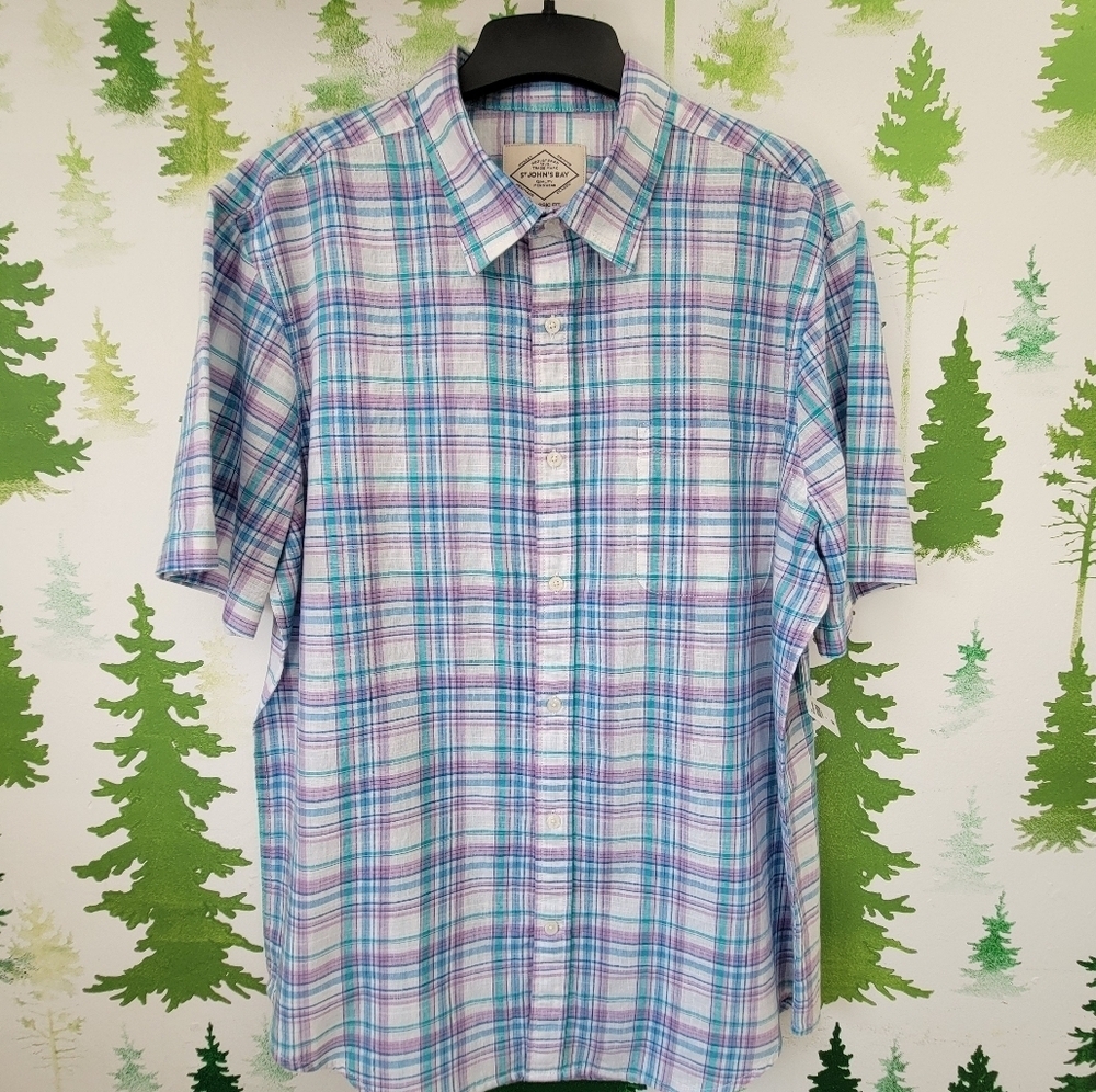 New St. John's Bay Madras Linen Mens Classic Fit Short Sleeve Button-Down Shirt.